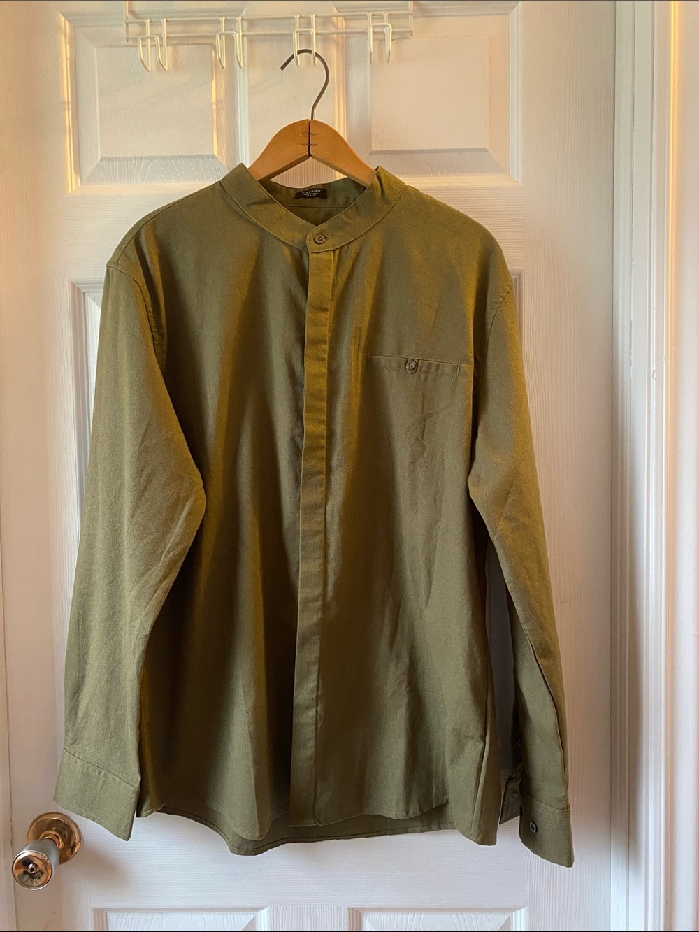 Coofandy Olive Green Linen Blend Mandarin Collar Shirt Men's L